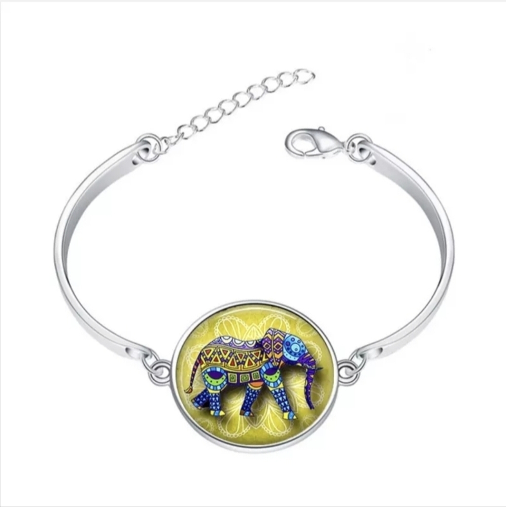New Elephant Glass Cabochon Silver Bracelet.